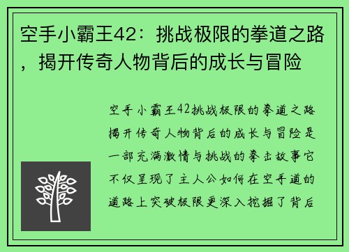 空手小霸王42：挑战极限的拳道之路，揭开传奇人物背后的成长与冒险