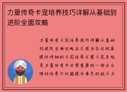 力量传奇卡宠培养技巧详解从基础到进阶全面攻略
